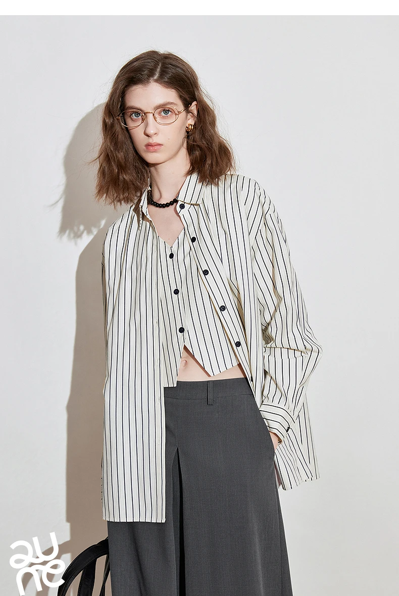 TOYOUTH Women Striped Shirt 2025 Spring New Lyocell Cotton Long Sleeve Versatile Blouse Shirt Tops Blue