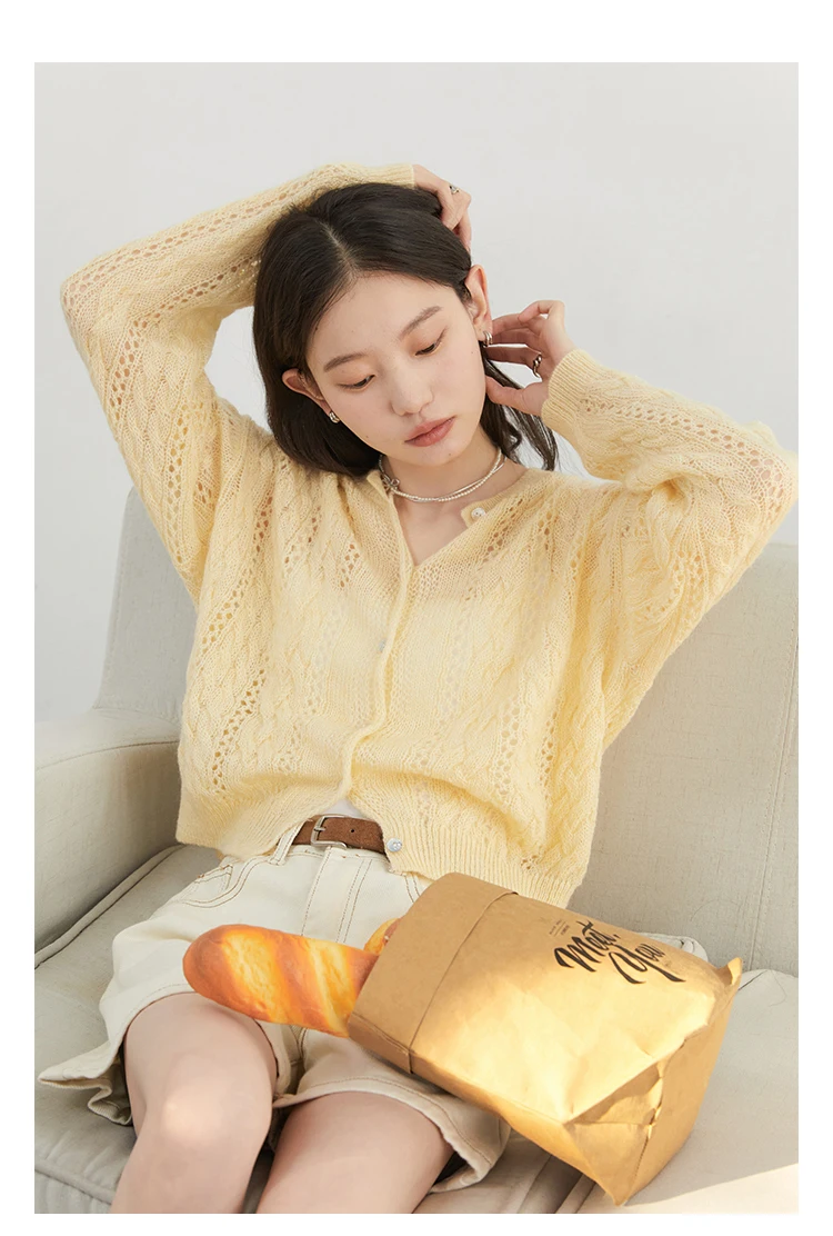 CHIC VEN Female Cardigan Loose Casual Mohair Hollow Knitted Sweaters Female Short Jumpers Spring Summer 2025 Tops