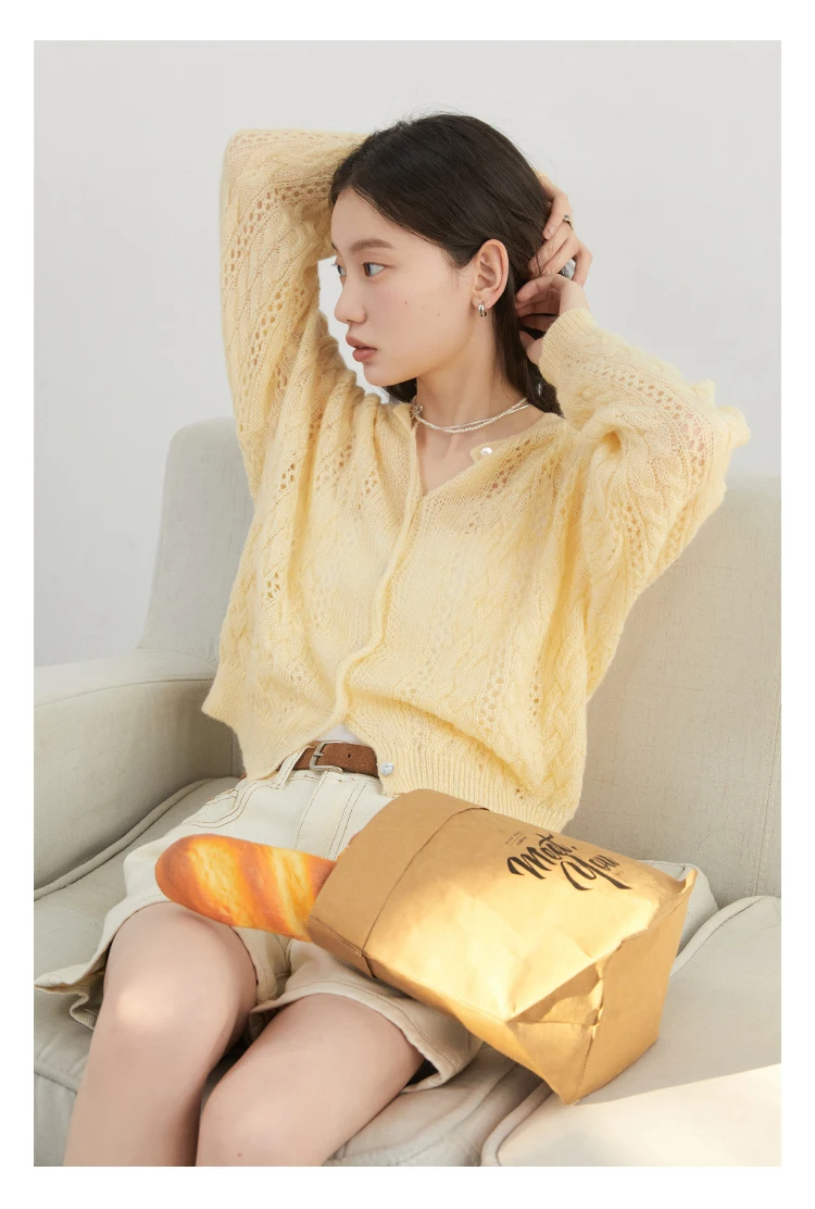CHIC VEN Female Cardigan Loose Casual Mohair Hollow Knitted Sweaters Female Short Jumpers Spring Summer 2025 Tops