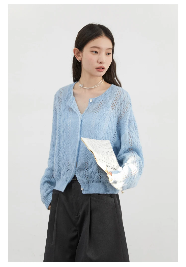 CHIC VEN Female Cardigan Loose Casual Mohair Hollow Knitted Sweaters Female Short Jumpers Spring Summer 2025 Tops