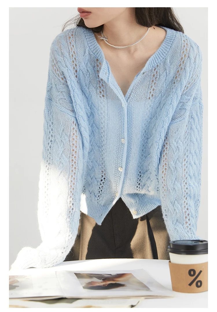 CHIC VEN Female Cardigan Loose Casual Mohair Hollow Knitted Sweaters Female Short Jumpers Spring Summer 2025 Tops
