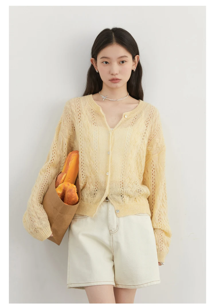 CHIC VEN Female Cardigan Loose Casual Mohair Hollow Knitted Sweaters Female Short Jumpers Spring Summer 2025 Tops