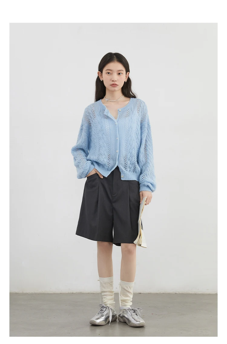 CHIC VEN Female Cardigan Loose Casual Mohair Hollow Knitted Sweaters Female Short Jumpers Spring Summer 2025 Tops