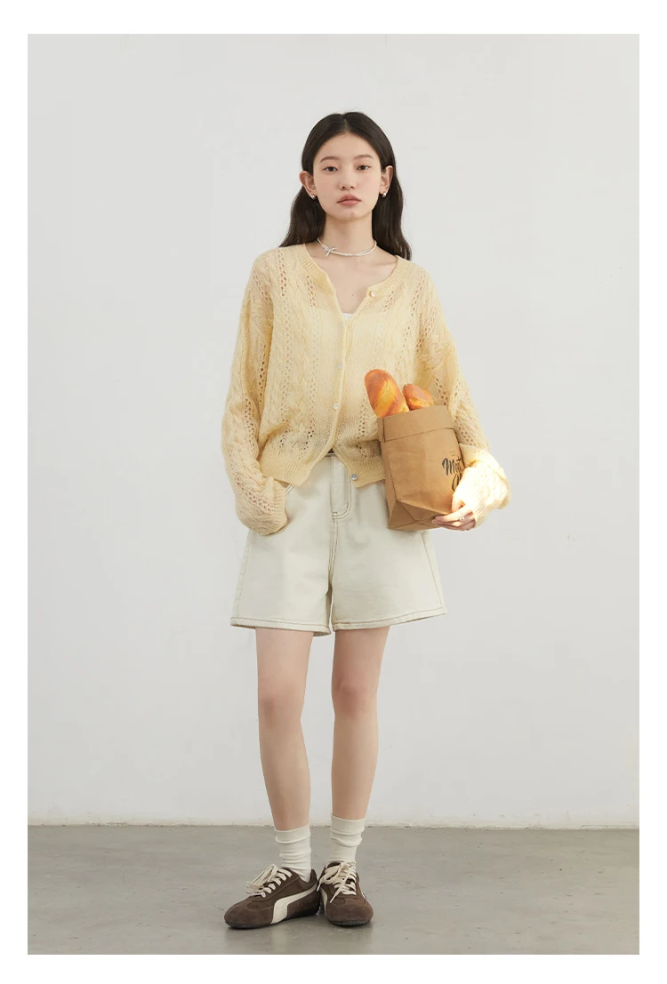 CHIC VEN Female Cardigan Loose Casual Mohair Hollow Knitted Sweaters Female Short Jumpers Spring Summer 2025 Tops