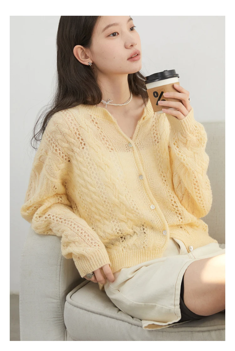 CHIC VEN Female Cardigan Loose Casual Mohair Hollow Knitted Sweaters Female Short Jumpers Spring Summer 2025 Tops