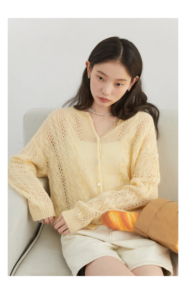 CHIC VEN Female Cardigan Loose Casual Mohair Hollow Knitted Sweaters Female Short Jumpers Spring Summer 2025 Tops