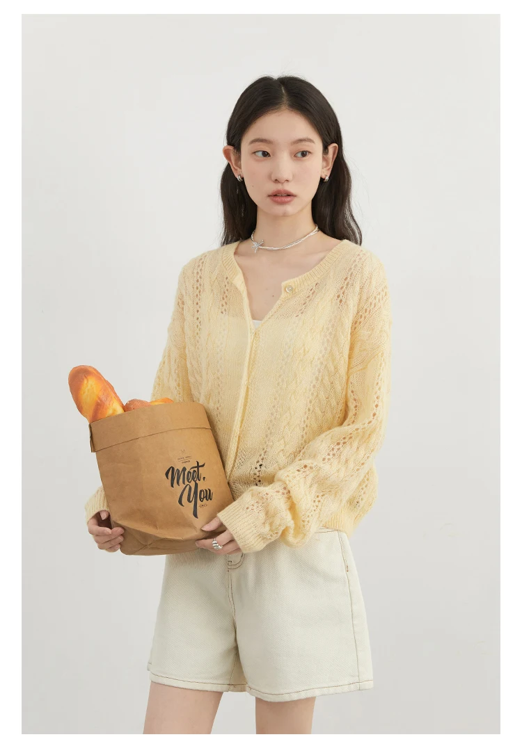 CHIC VEN Female Cardigan Loose Casual Mohair Hollow Knitted Sweaters Female Short Jumpers Spring Summer 2025 Tops