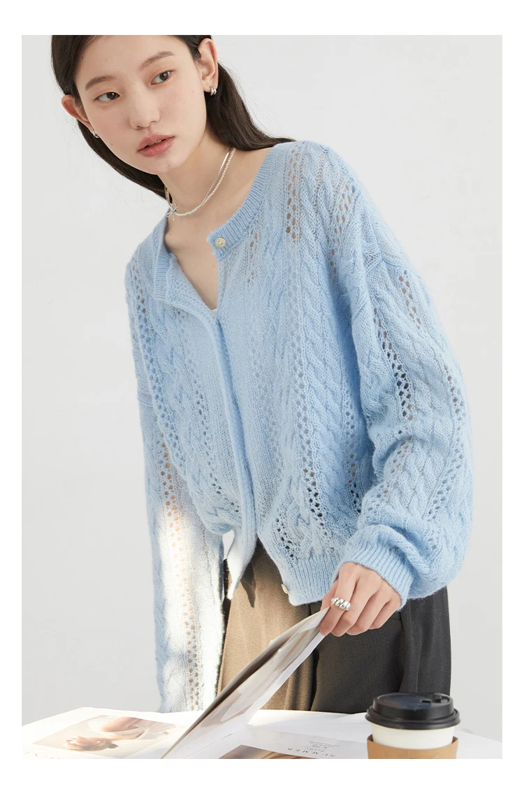 CHIC VEN Female Cardigan Loose Casual Mohair Hollow Knitted Sweaters Female Short Jumpers Spring Summer 2025 Tops