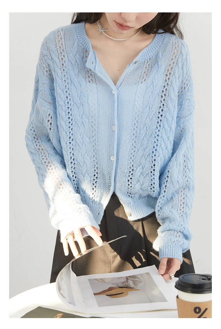 CHIC VEN Female Cardigan Loose Casual Mohair Hollow Knitted Sweaters Female Short Jumpers Spring Summer 2025 Tops