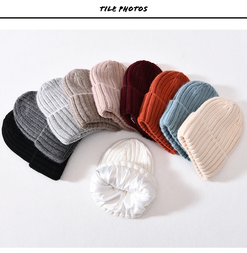 Winter Silk Satin Lined Beanie Hats Women Men Unisex Thick Chunky Cap Striped Warm Soft High Quality Cashmere Knitted Beanie Hat