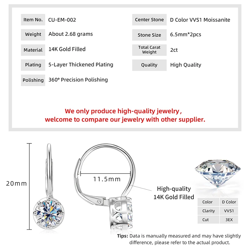 Lnngy Sparkling GRA Certified Moissanite Diamond Earrings For Women 14K Gold Filled 6.5MM Single Stone Hoop Earring Jewelry