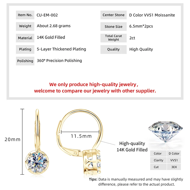 Lnngy Sparkling GRA Certified Moissanite Diamond Earrings For Women 14K Gold Filled 6.5MM Single Stone Hoop Earring Jewelry