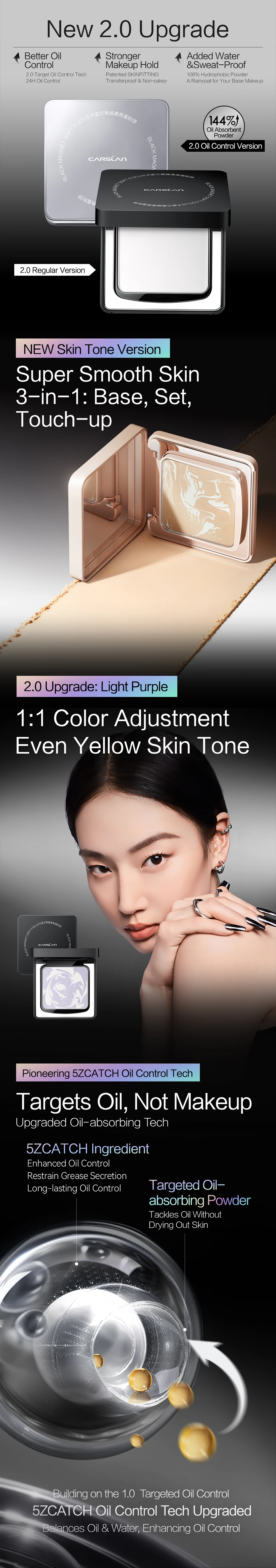 CARSLAN 2.0 Black Magnet Soft Focus Pressed Powder Waterproof Sweatproof 24H Longlasting Oil Control Translucent Setting Powder