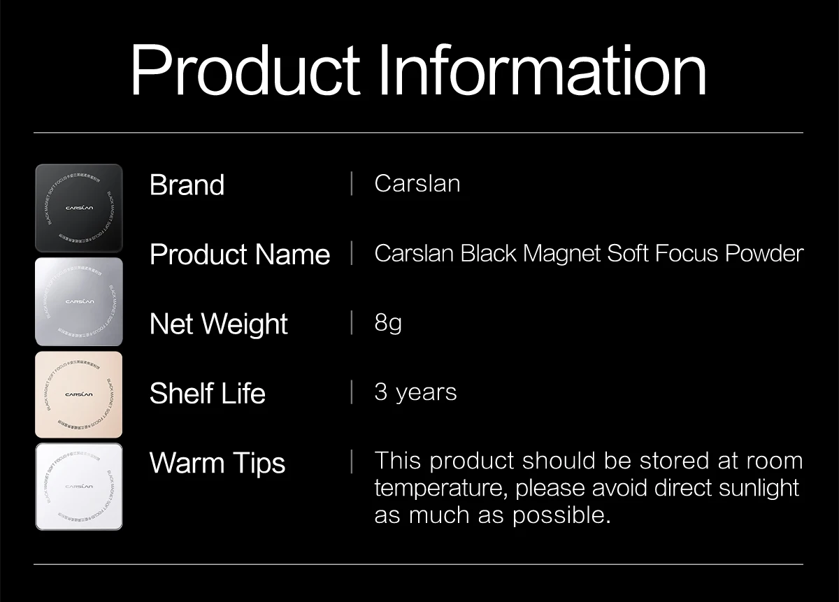 CARSLAN 2.0 Black Magnet Soft Focus Pressed Powder Waterproof Sweatproof 24H Longlasting Oil Control Translucent Setting Powder