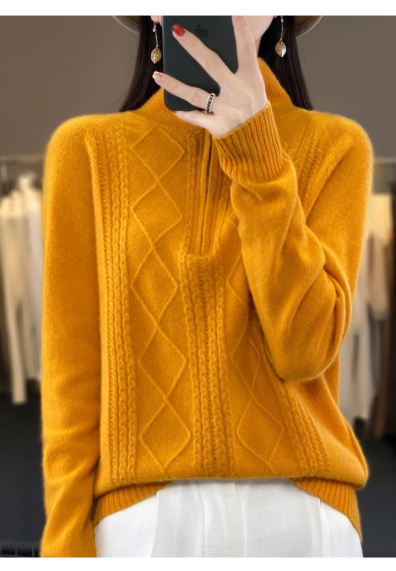Women 100% Merino Wool Sweater Turtleneck Twisted Zipper Half Open Neck Pullover Autumn Winter Thickened Casual Knit Loose Tops