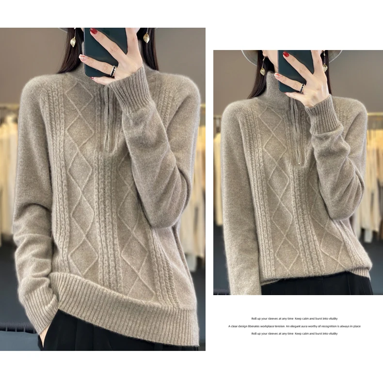 Women 100% Merino Wool Sweater Turtleneck Twisted Zipper Half Open Neck Pullover Autumn Winter Thickened Casual Knit Loose Tops