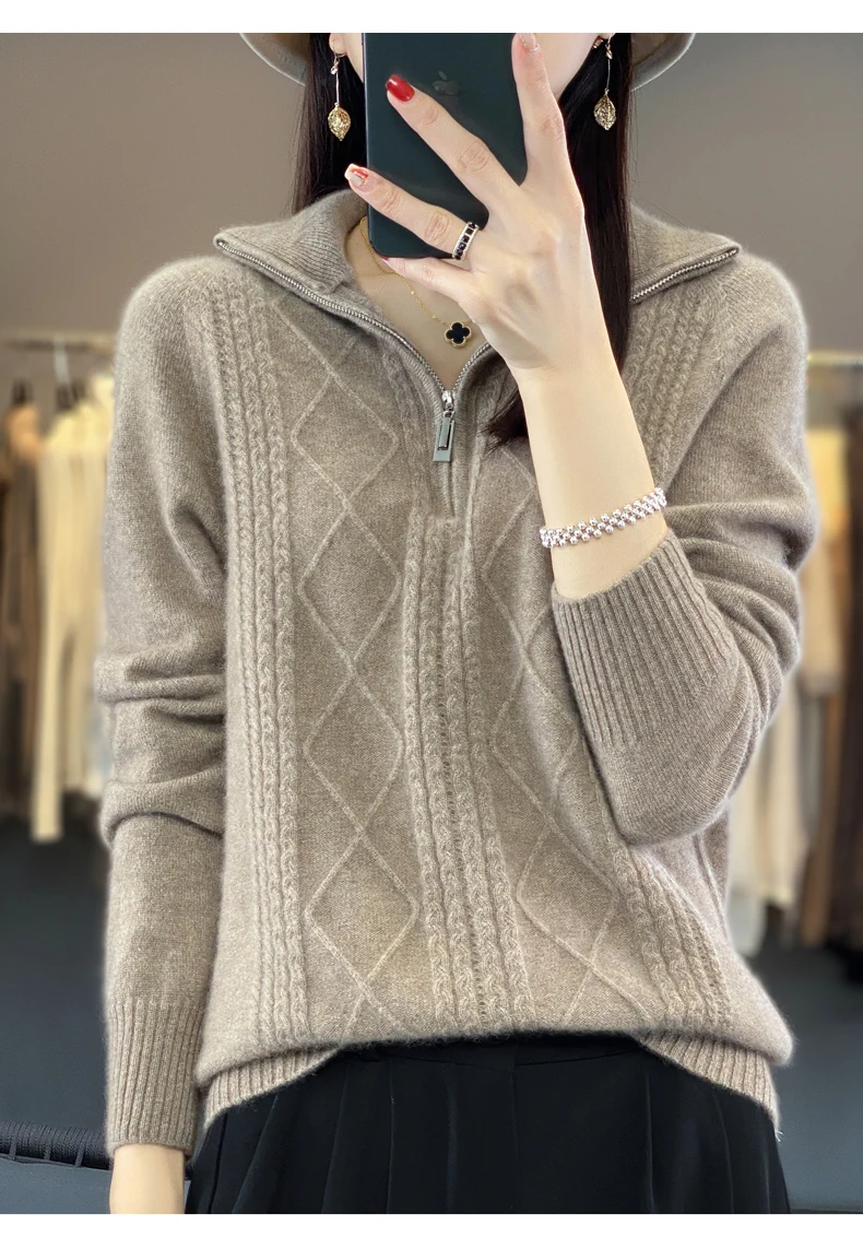 Women 100% Merino Wool Sweater Turtleneck Twisted Zipper Half Open Neck Pullover Autumn Winter Thickened Casual Knit Loose Tops