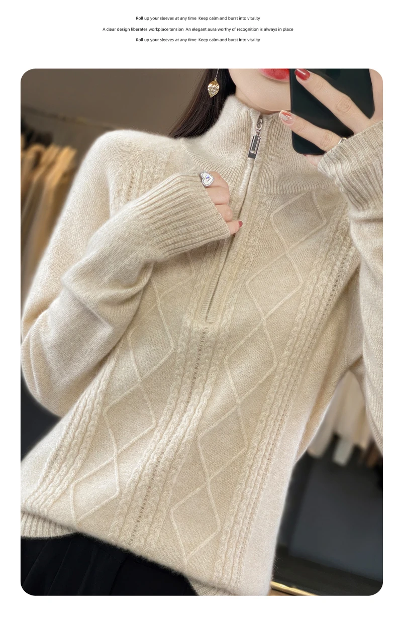 Women 100% Merino Wool Sweater Turtleneck Twisted Zipper Half Open Neck Pullover Autumn Winter Thickened Casual Knit Loose Tops