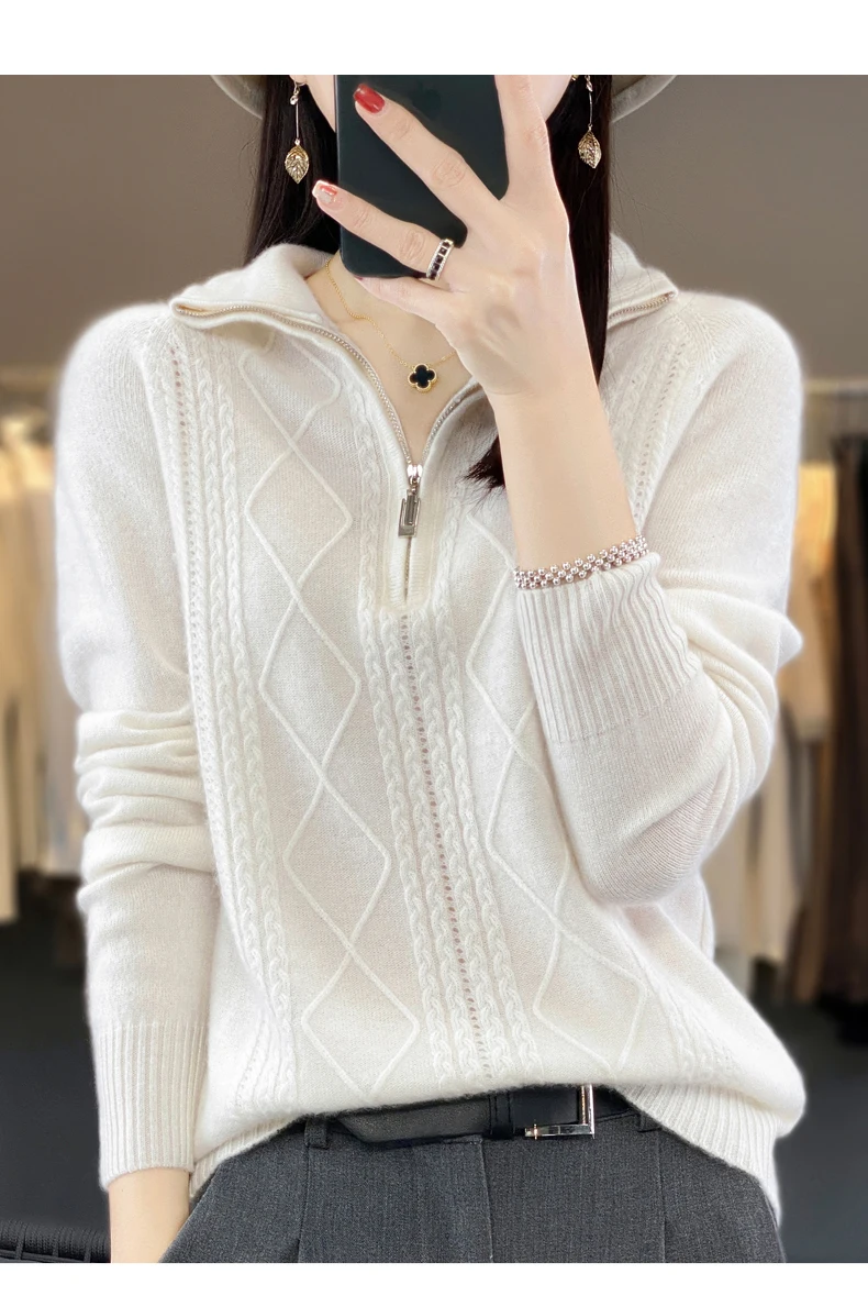 Women 100% Merino Wool Sweater Turtleneck Twisted Zipper Half Open Neck Pullover Autumn Winter Thickened Casual Knit Loose Tops