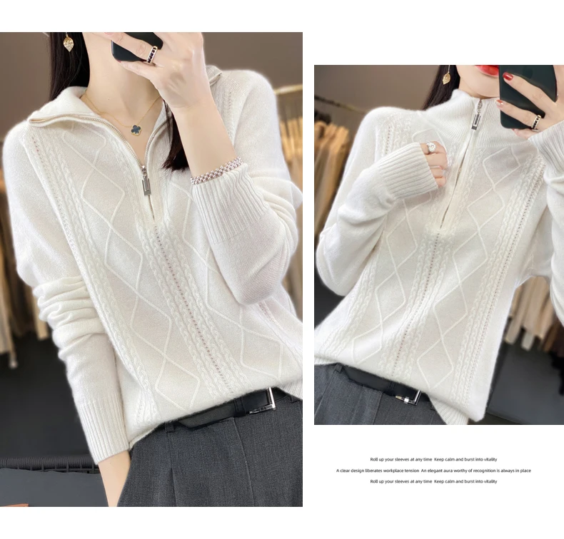 Women 100% Merino Wool Sweater Turtleneck Twisted Zipper Half Open Neck Pullover Autumn Winter Thickened Casual Knit Loose Tops