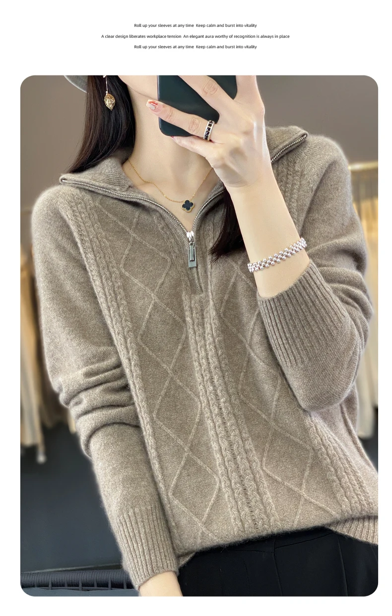 Women 100% Merino Wool Sweater Turtleneck Twisted Zipper Half Open Neck Pullover Autumn Winter Thickened Casual Knit Loose Tops