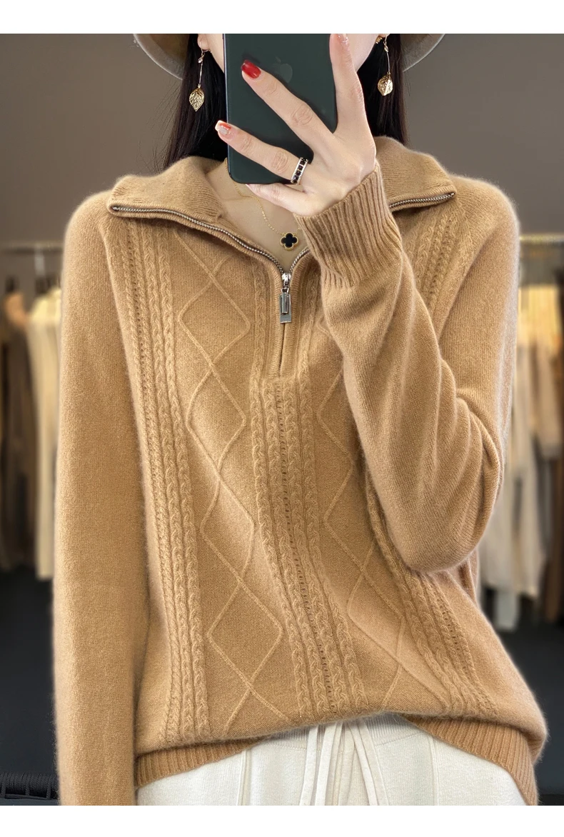 Women 100% Merino Wool Sweater Turtleneck Twisted Zipper Half Open Neck Pullover Autumn Winter Thickened Casual Knit Loose Tops