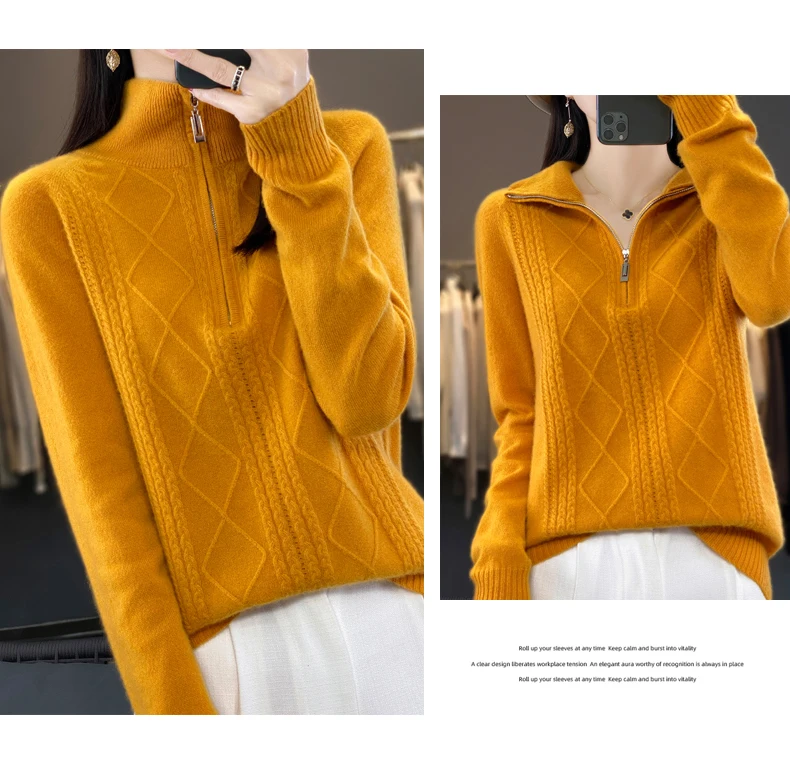 Women 100% Merino Wool Sweater Turtleneck Twisted Zipper Half Open Neck Pullover Autumn Winter Thickened Casual Knit Loose Tops