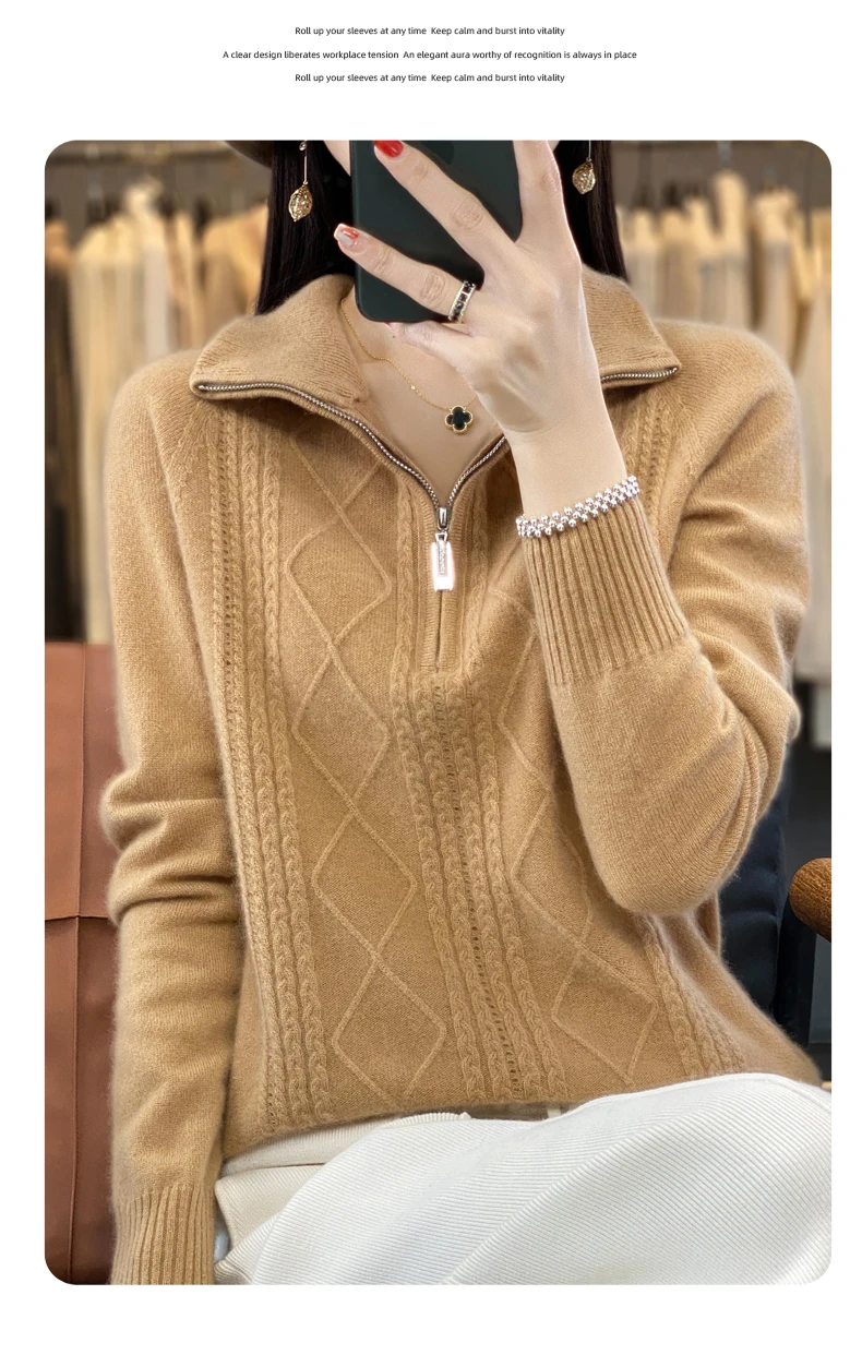 Women 100% Merino Wool Sweater Turtleneck Twisted Zipper Half Open Neck Pullover Autumn Winter Thickened Casual Knit Loose Tops