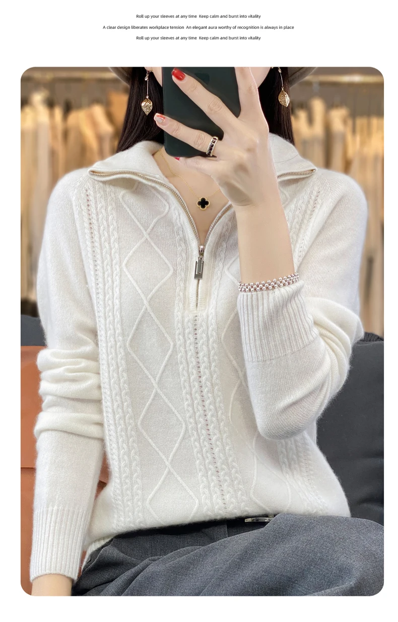 Women 100% Merino Wool Sweater Turtleneck Twisted Zipper Half Open Neck Pullover Autumn Winter Thickened Casual Knit Loose Tops