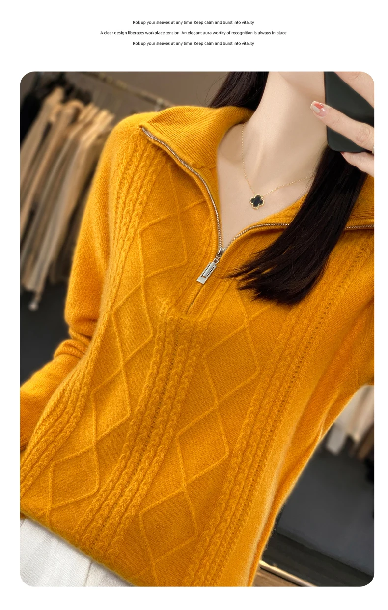 Women 100% Merino Wool Sweater Turtleneck Twisted Zipper Half Open Neck Pullover Autumn Winter Thickened Casual Knit Loose Tops