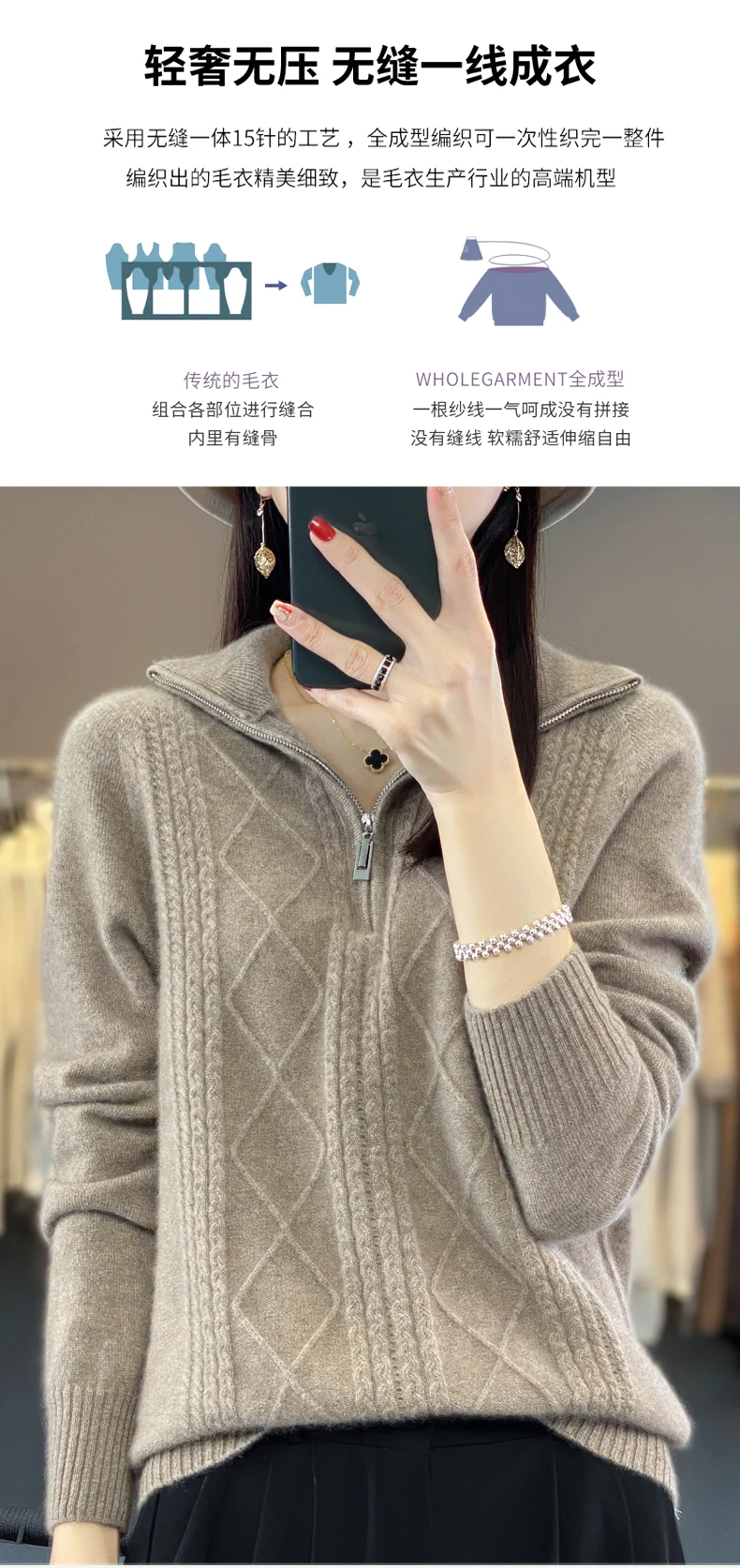 Women 100% Merino Wool Sweater Turtleneck Twisted Zipper Half Open Neck Pullover Autumn Winter Thickened Casual Knit Loose Tops