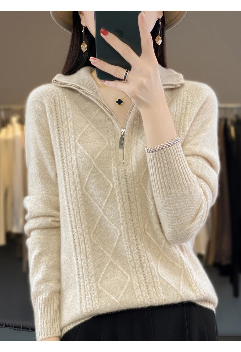 Women 100% Merino Wool Sweater Turtleneck Twisted Zipper Half Open Neck Pullover Autumn Winter Thickened Casual Knit Loose Tops