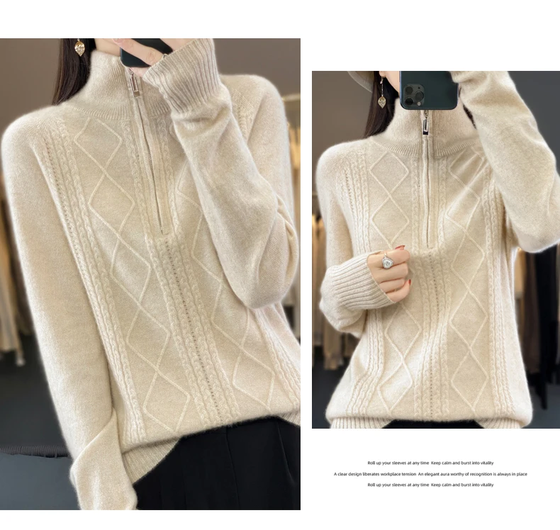 Women 100% Merino Wool Sweater Turtleneck Twisted Zipper Half Open Neck Pullover Autumn Winter Thickened Casual Knit Loose Tops