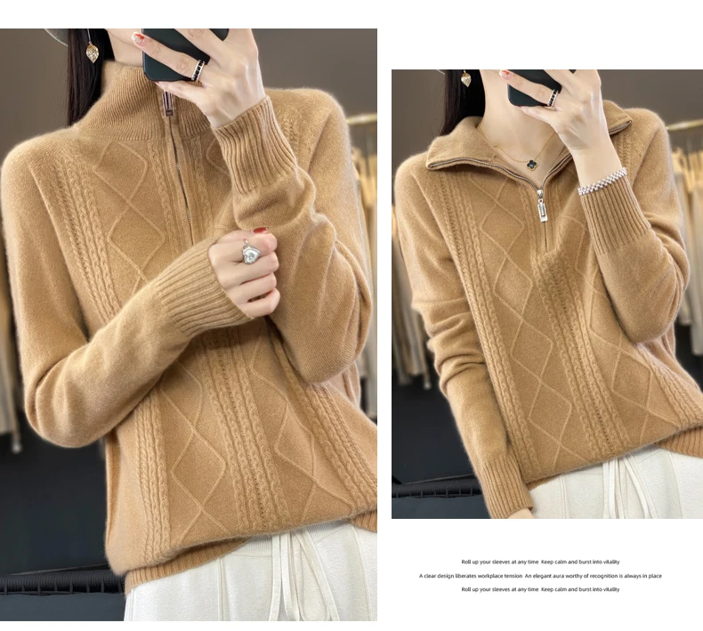 Women 100% Merino Wool Sweater Turtleneck Twisted Zipper Half Open Neck Pullover Autumn Winter Thickened Casual Knit Loose Tops