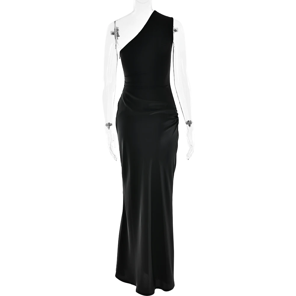 JULISSA MO Patchwork Satin Sexy One Shoulder Women Maxi Dress Brown Sleeveless Evening Dress Summer Slim Elegant Party Clubwear