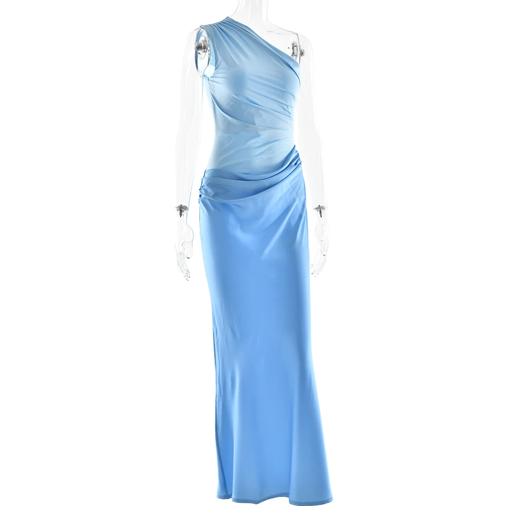 JULISSA MO Patchwork Satin Sexy One Shoulder Women Maxi Dress Brown Sleeveless Evening Dress Summer Slim Elegant Party Clubwear