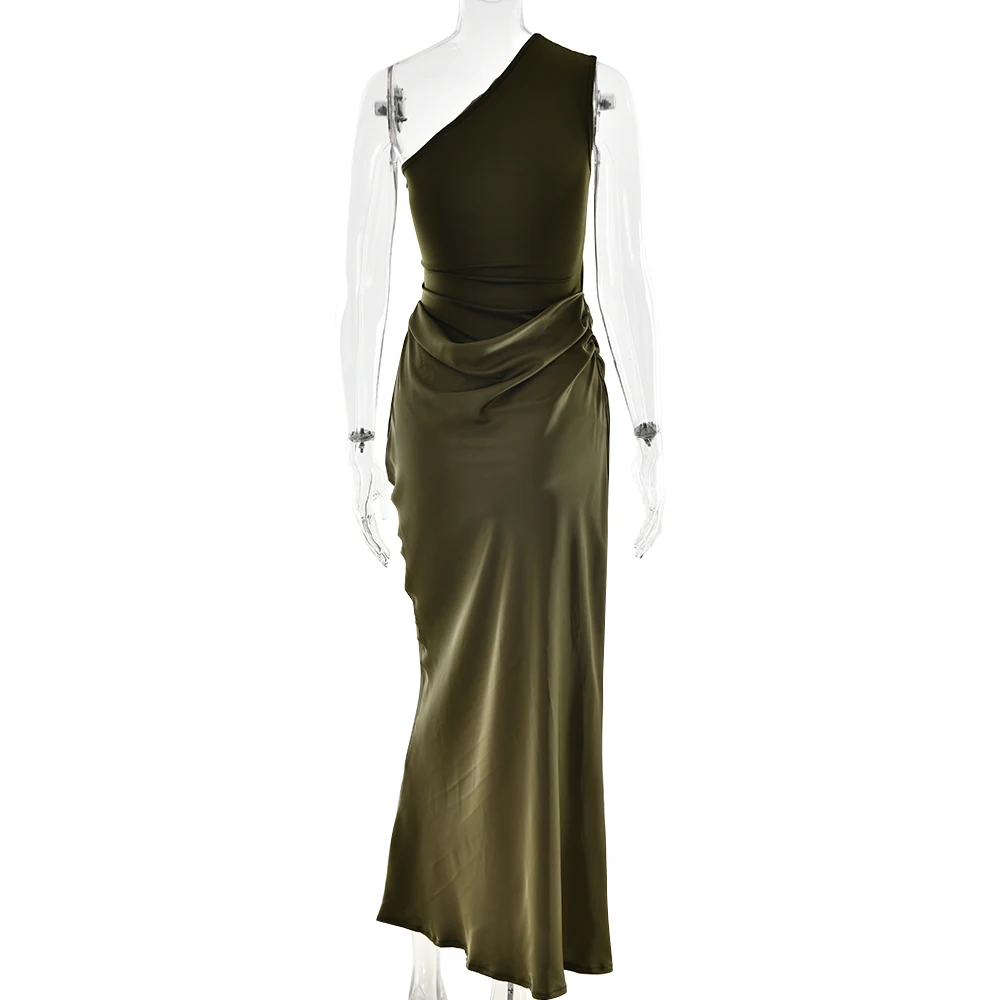 JULISSA MO Patchwork Satin Sexy One Shoulder Women Maxi Dress Brown Sleeveless Evening Dress Summer Slim Elegant Party Clubwear