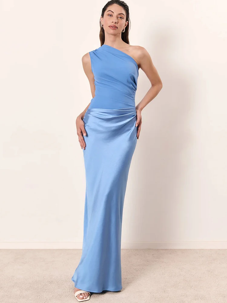 JULISSA MO Patchwork Satin Sexy One Shoulder Women Maxi Dress Brown Sleeveless Evening Dress Summer Slim Elegant Party Clubwear