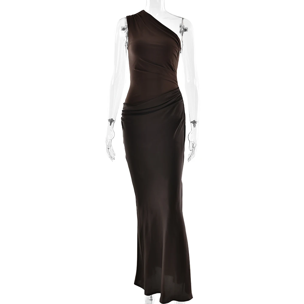 JULISSA MO Patchwork Satin Sexy One Shoulder Women Maxi Dress Brown Sleeveless Evening Dress Summer Slim Elegant Party Clubwear
