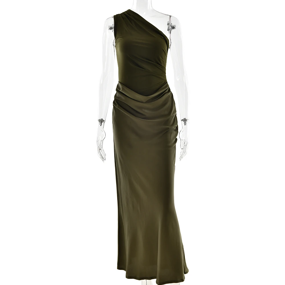 JULISSA MO Patchwork Satin Sexy One Shoulder Women Maxi Dress Brown Sleeveless Evening Dress Summer Slim Elegant Party Clubwear