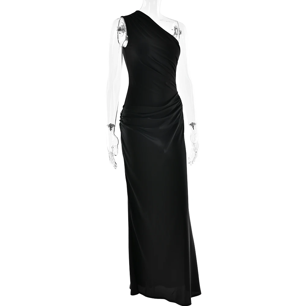JULISSA MO Patchwork Satin Sexy One Shoulder Women Maxi Dress Brown Sleeveless Evening Dress Summer Slim Elegant Party Clubwear