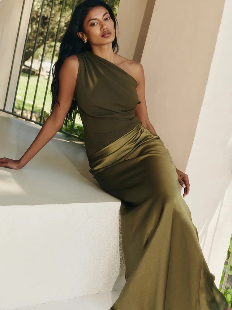 JULISSA MO Patchwork Satin Sexy One Shoulder Women Maxi Dress Brown Sleeveless Evening Dress Summer Slim Elegant Party Clubwear