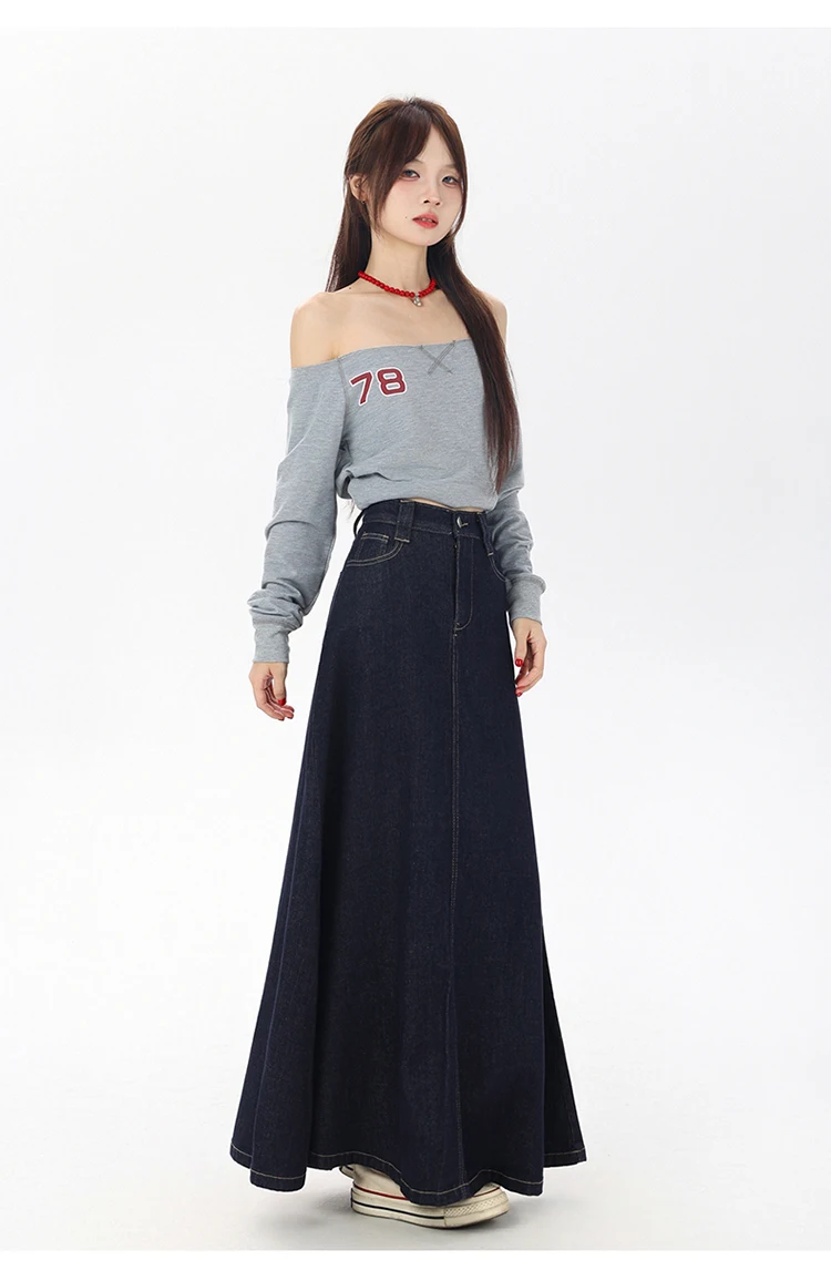 Women's Vintage A-Line Denim Long Skirts, Casual High Waist Jean Skirt, Blue, All-Match, Korean Fashion, 2021
