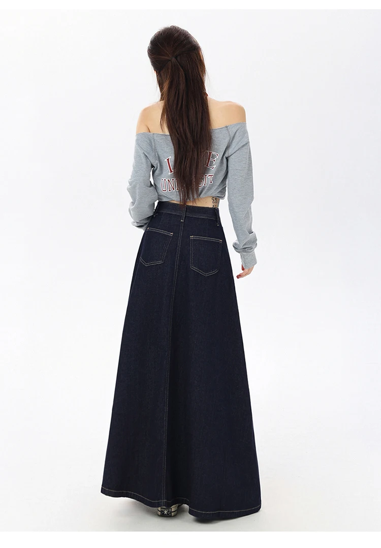 Women's Vintage A-Line Denim Long Skirts, Casual High Waist Jean Skirt, Blue, All-Match, Korean Fashion, 2021
