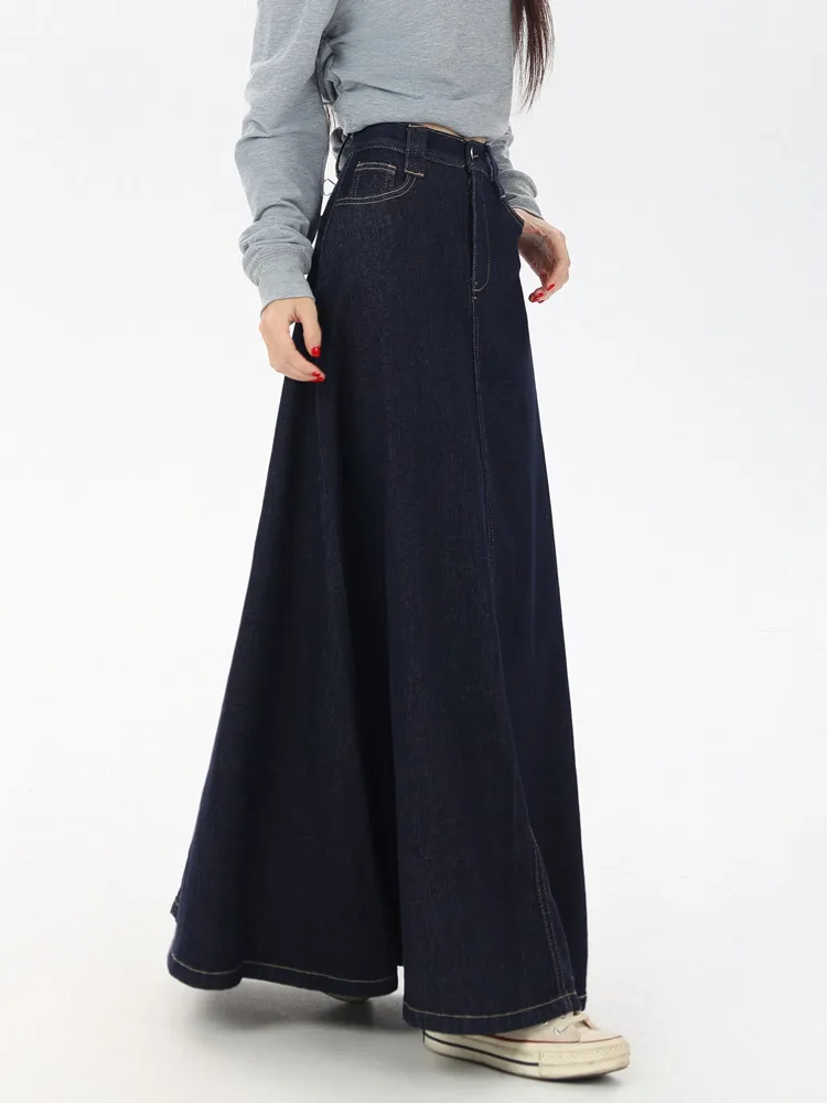 Women's Vintage A-Line Denim Long Skirts, Casual High Waist Jean Skirt, Blue, All-Match, Korean Fashion, 2021