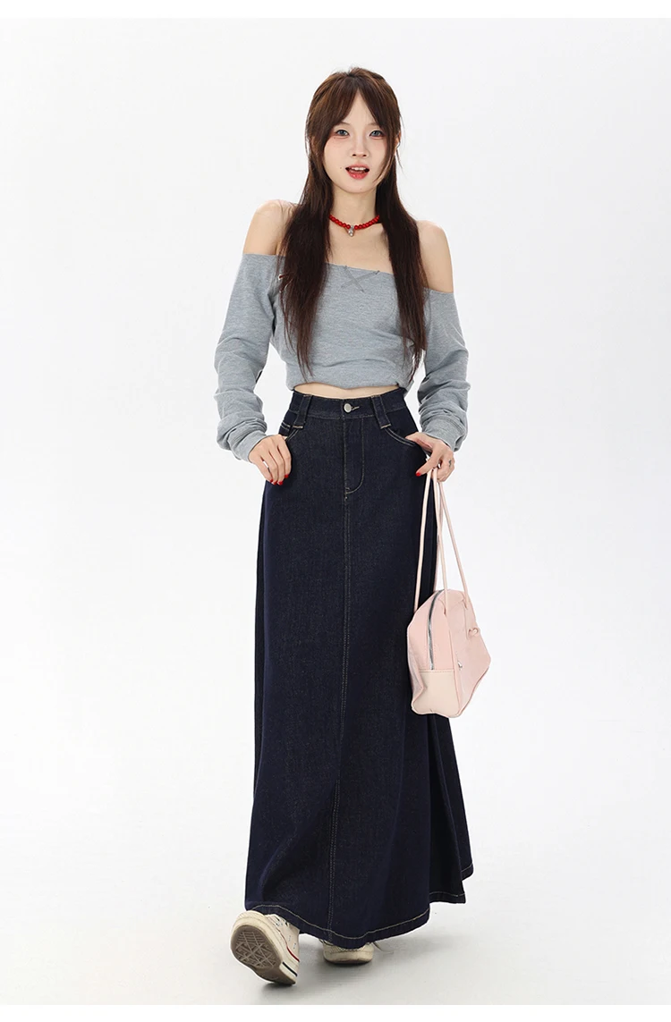 Women's Vintage A-Line Denim Long Skirts, Casual High Waist Jean Skirt, Blue, All-Match, Korean Fashion, 2021