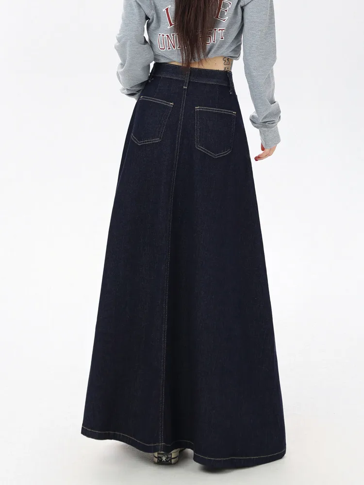 Women's Vintage A-Line Denim Long Skirts, Casual High Waist Jean Skirt, Blue, All-Match, Korean Fashion, 2021
