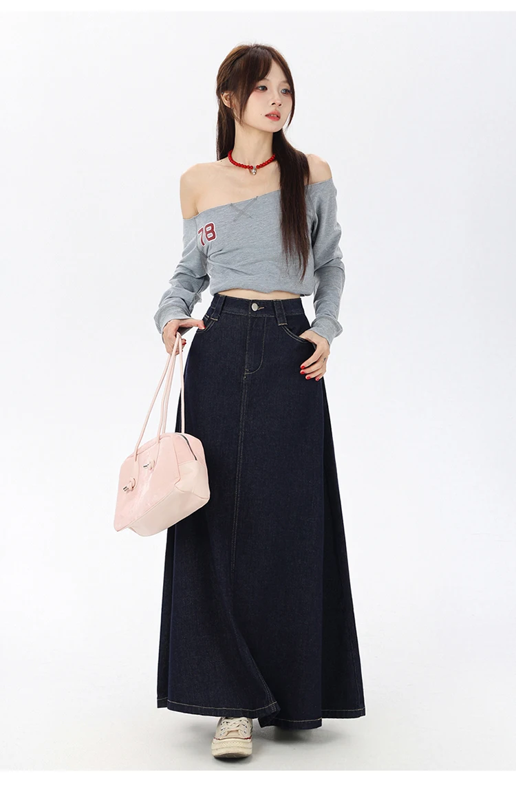 Women's Vintage A-Line Denim Long Skirts, Casual High Waist Jean Skirt, Blue, All-Match, Korean Fashion, 2021