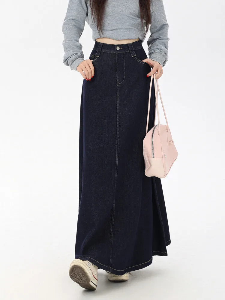 Women's Vintage A-Line Denim Long Skirts, Casual High Waist Jean Skirt, Blue, All-Match, Korean Fashion, 2021