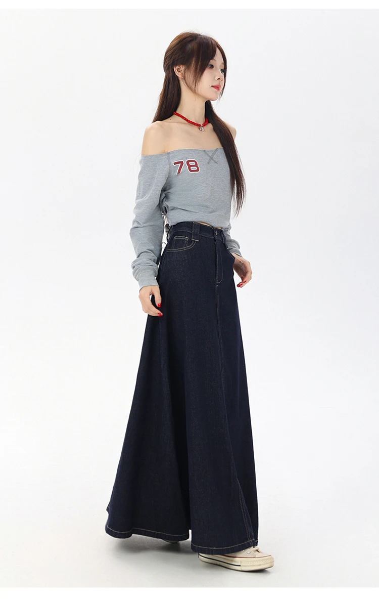 Women's Vintage A-Line Denim Long Skirts, Casual High Waist Jean Skirt, Blue, All-Match, Korean Fashion, 2021